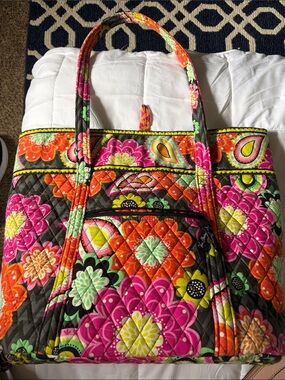 Vera Bradley Bright Floral Quilted Tote in Pink, Orange and Green